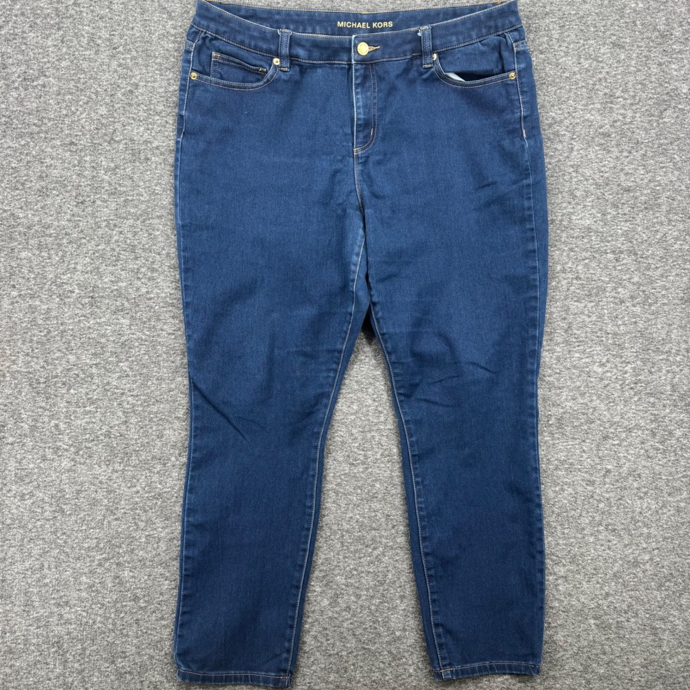 Michael Kors Womens Size 16 Skinny Jeans Dark Wash Studded MK Logo Blue‎ Denim